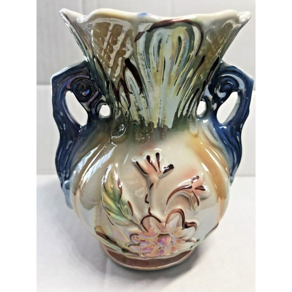 Lusterware #422 2-Handled Vase Floral Design 5.25" x4.50 Made in Brazil VTG 1960